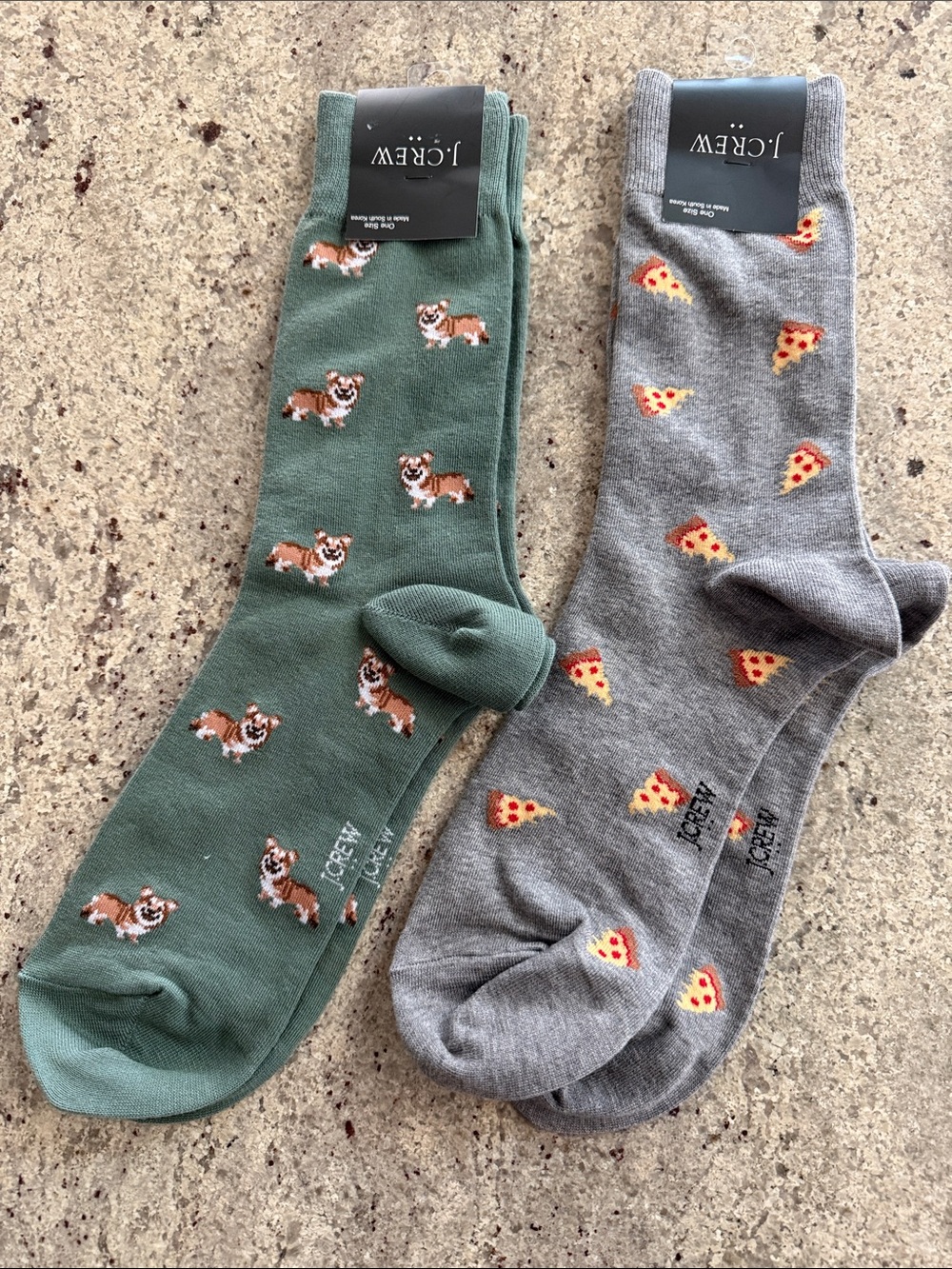 J. Crew Men’s Green Corgi & Gray Pizza Pattern Socks - 2 Pack
